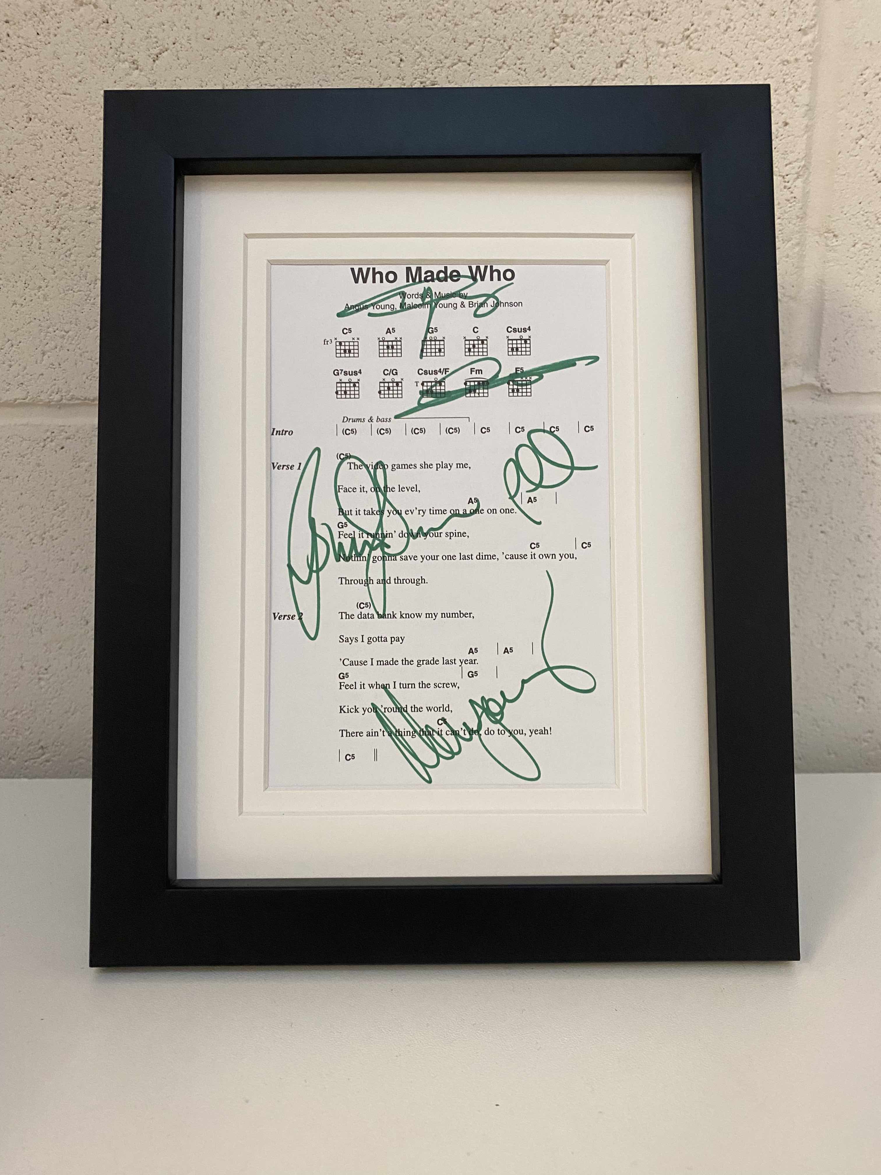 AC/DC | Who Made Who | Autographed Lyric/Chord Sheet | Framed